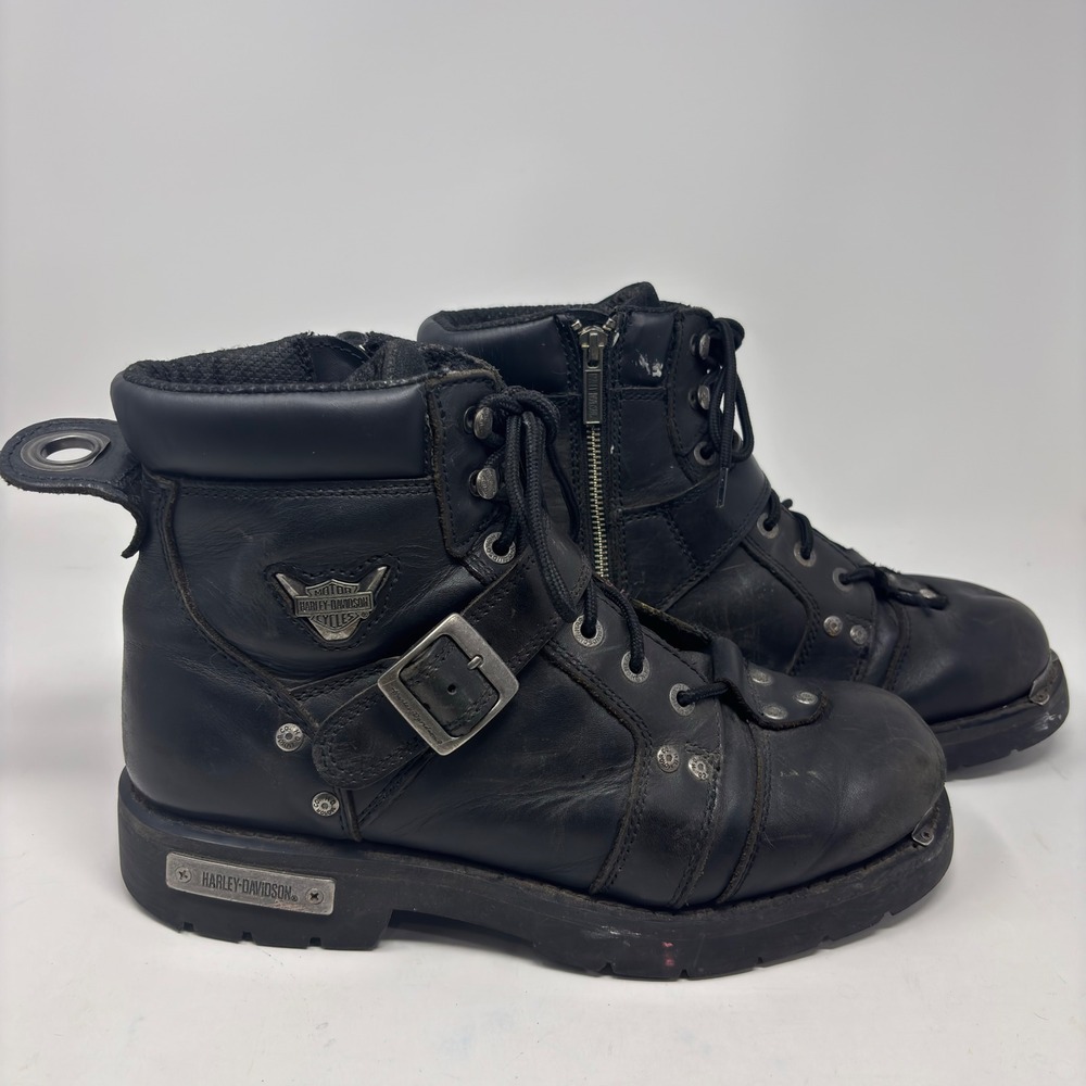Harley-Davidson Brake Buckle Leather Motorcycle Boots Black Side Zip Men's US 12
